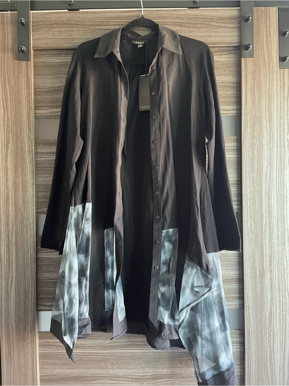 LUUKAA Black Mixed Media Boho Asymmetrical Button Front Tunic Jacket Dress